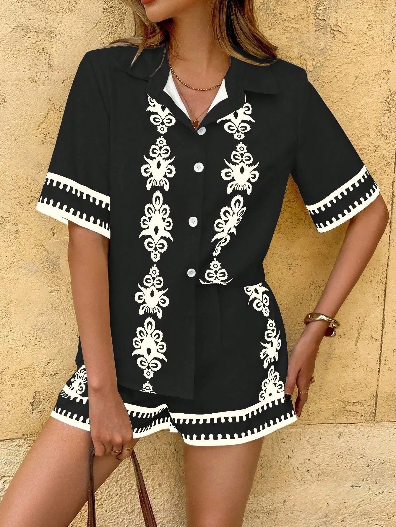 Printed Casual Two Piece Shirt and Shorts Set for Women