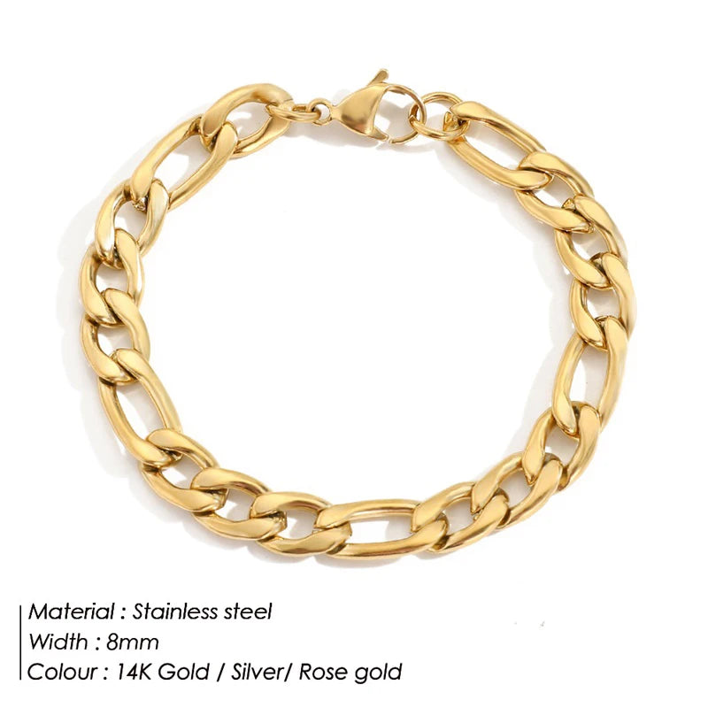 Gold Tone Stainless Steel Figaro Chain Bracelet for Women