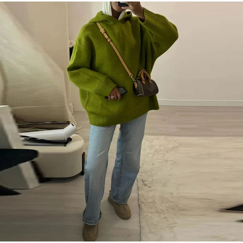 Green Women's Knit Hoodie Coat Full Sleeve Front Pocket  Casual Sweater Top 2025 Early Autumn Loose Female Knitwear Outerwear