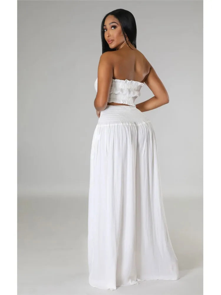 Lace Up Strapless Top Two Piece Pants Set for Women