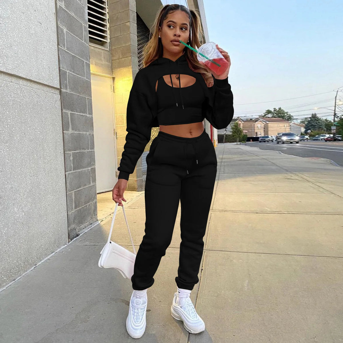 Three-Piece Hooded Sporty Matching Tracksuit Set for Women
