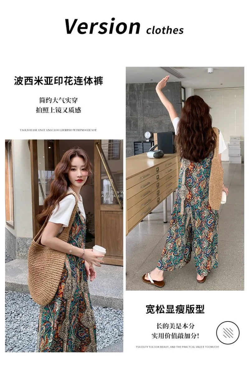 Vintage Bohemian Printed Wide Leg Casual Jumpsuit For Women