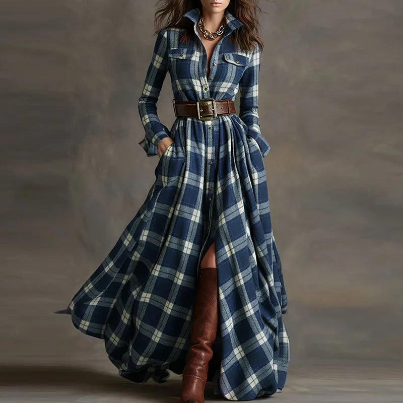 Autumn Elegant Lapel Button Long Dress Lady Casual Long Sleeve Pocket Party Dress Vintage Plaid Printed Draped Loose Shirt Dress