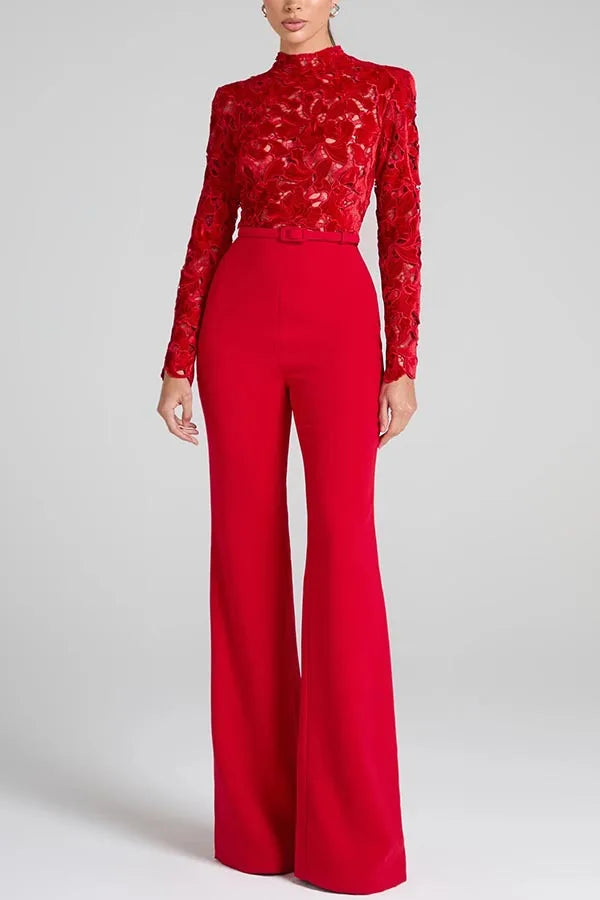 Embroidery Lace Red Jumpsuits Women Sexy Slim Long-sleeved Belt High Waist Jumpsuit Female 2025 Casual Lady Party Rompers