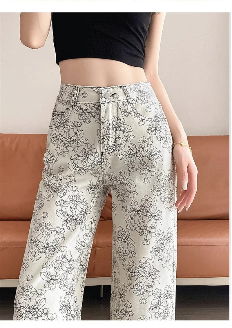 High Rise Wide Leg Printed Denim Pants For Women
