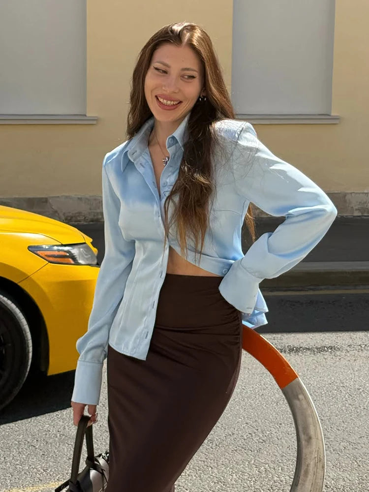 Elegant Satin Long Sleeve Button-Up Shirt for Women