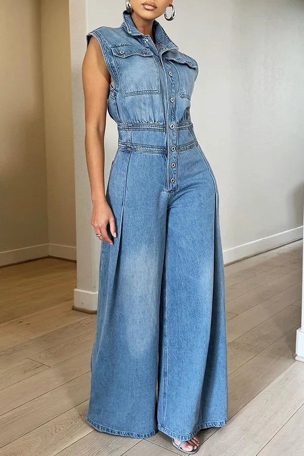 Loose Fit Wide Leg Denim Jumpsuit With Turn Down Collar for Women