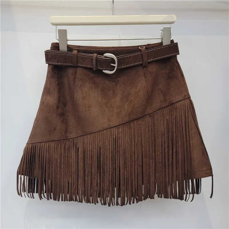 Vintage Brown Irregular Hem Faux Suede High Waist Mini Skirt For Women
