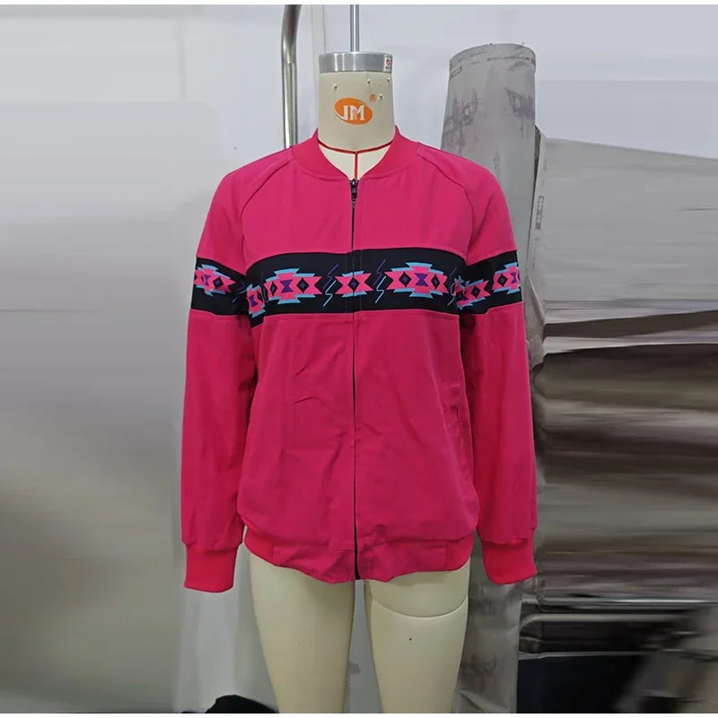 Printed Zippered Stand Collar Lightweight Jacket for Women