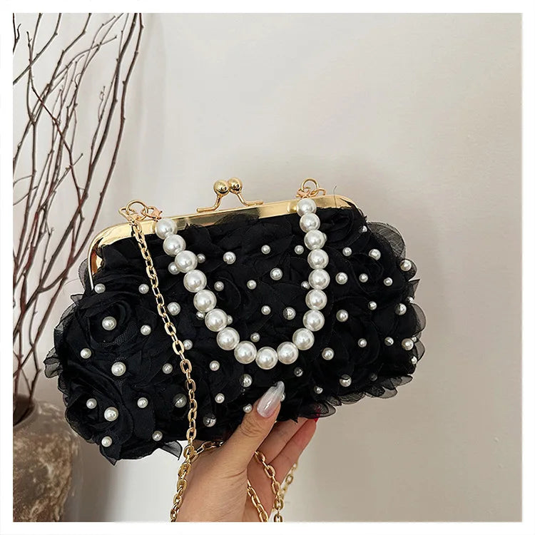 Pearl Floral Chain Evening Crossbody Bag