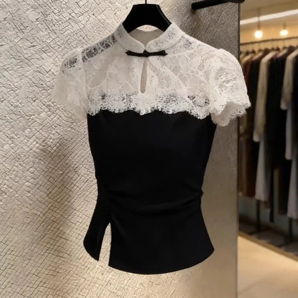 Slim Fit Lace Splicing Stand Collar Short Sleeve T-shirt for Women