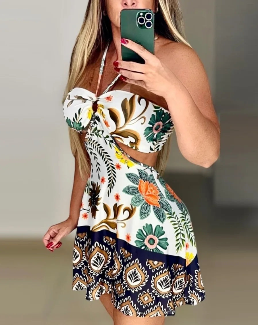 Halter Neck Cutout Boho Print Mini Dress for Women
