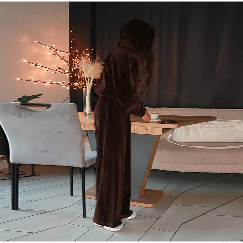 Chic Casual Velvet Hoodie Coat and Pants Set for Women