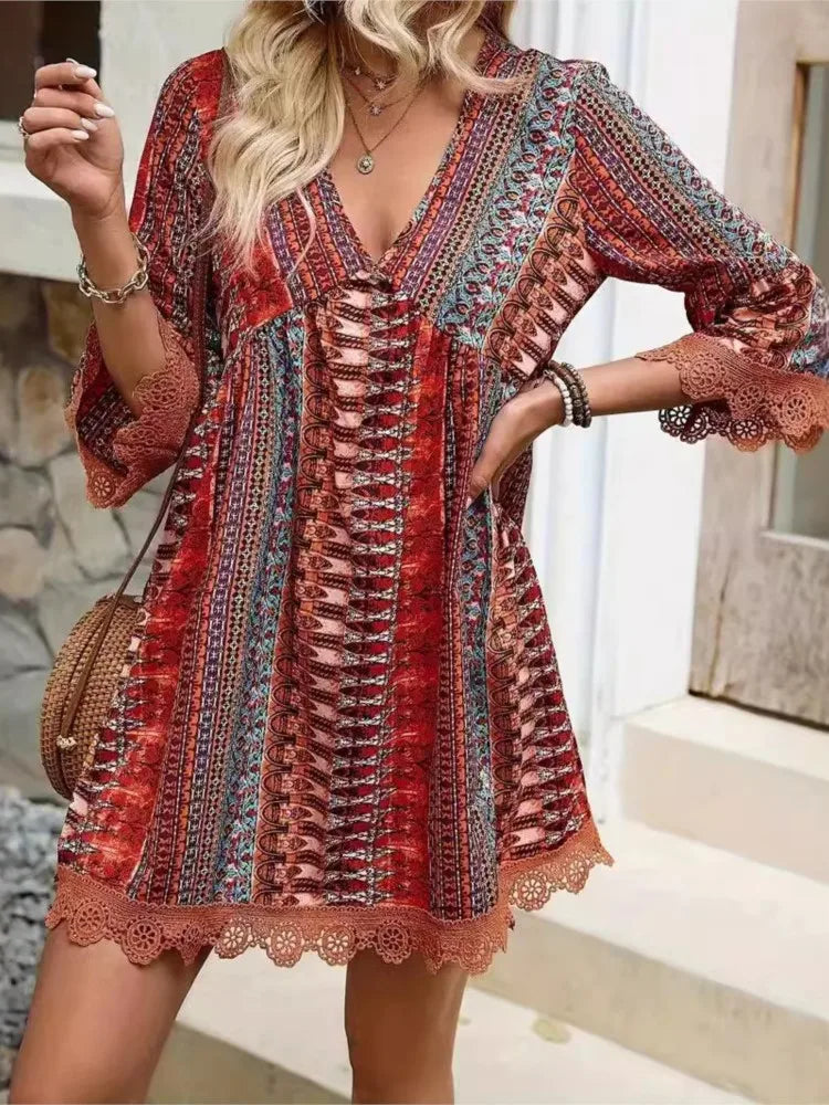 Vintage Floral Print V Neck Long Sleeve Dress For Women