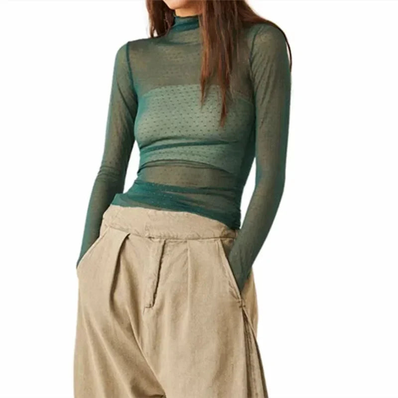 Sheer Mesh Polka Dot Turtleneck Long Sleeve Top for Women