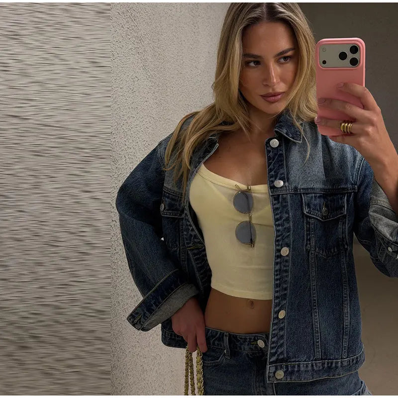 High Waisted Acid Wash Denim Two Piece Set For Women