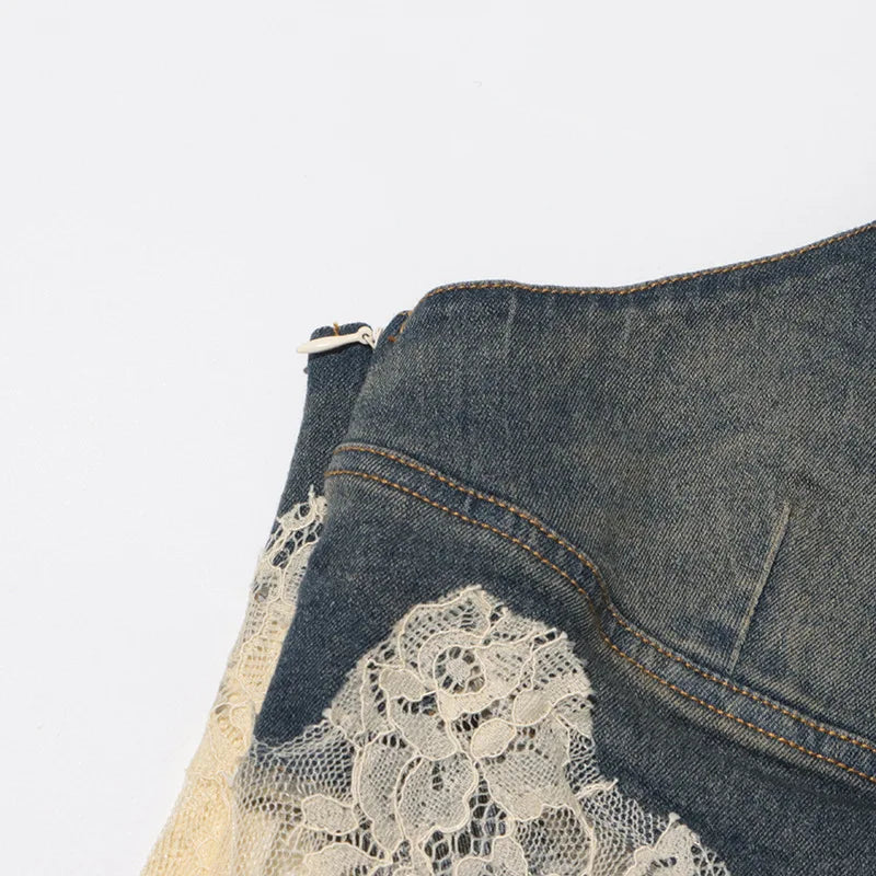 ANJY Summer New Women Y2K Streetwear Ins Fashion Sexy Hot Lace Patchwork Denim Camisole Vest Casual Drawstring Fifth Pants A7219