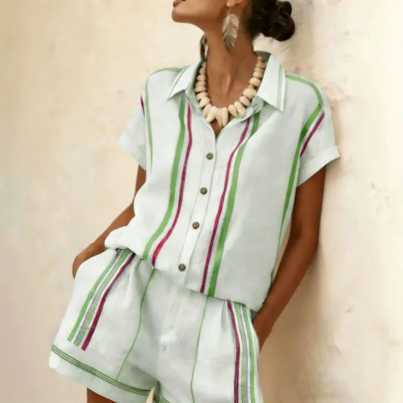 High Waist Striped Button Up Two Piece Shorts Set for Women