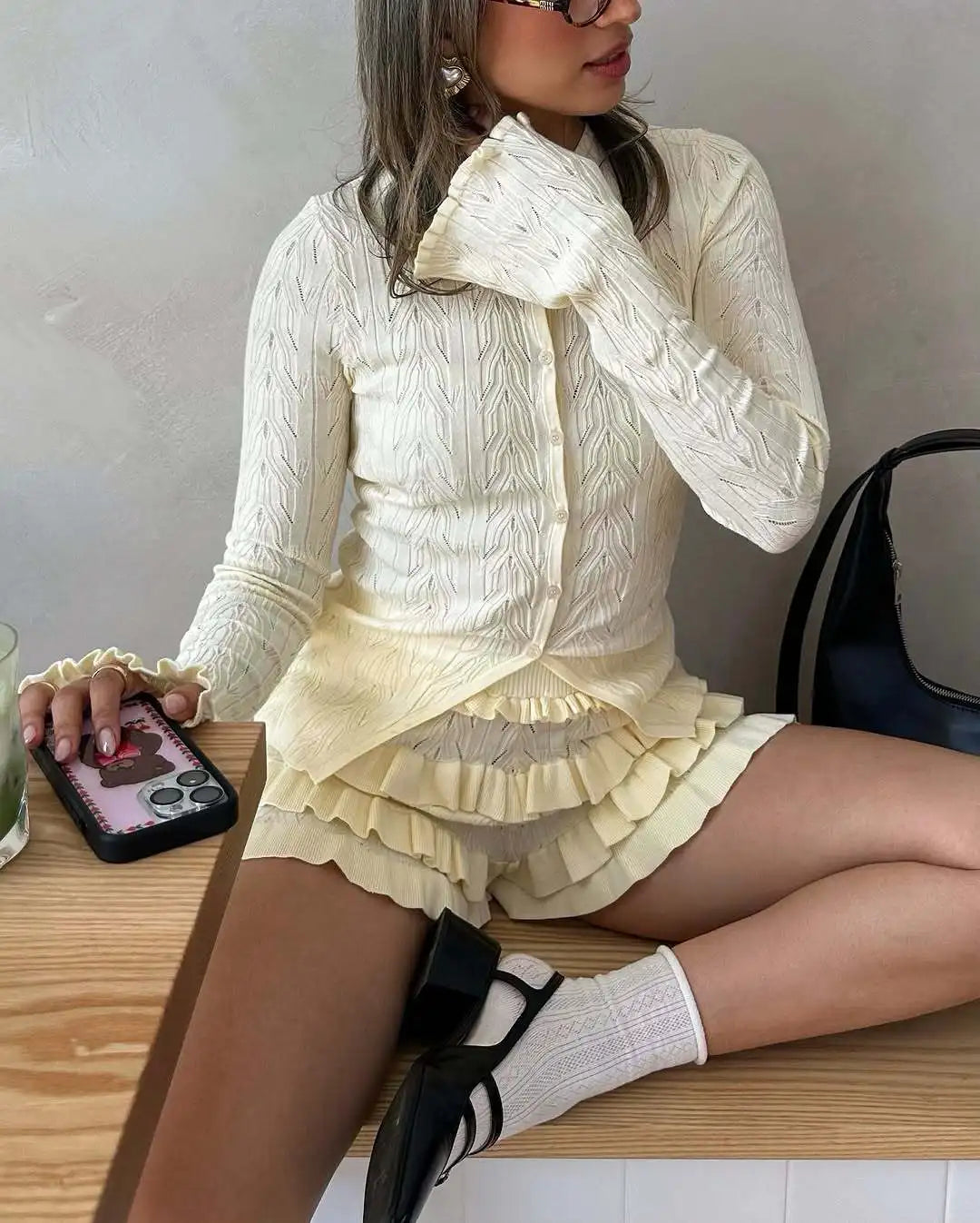 Ruffled Patchwork Knit Set