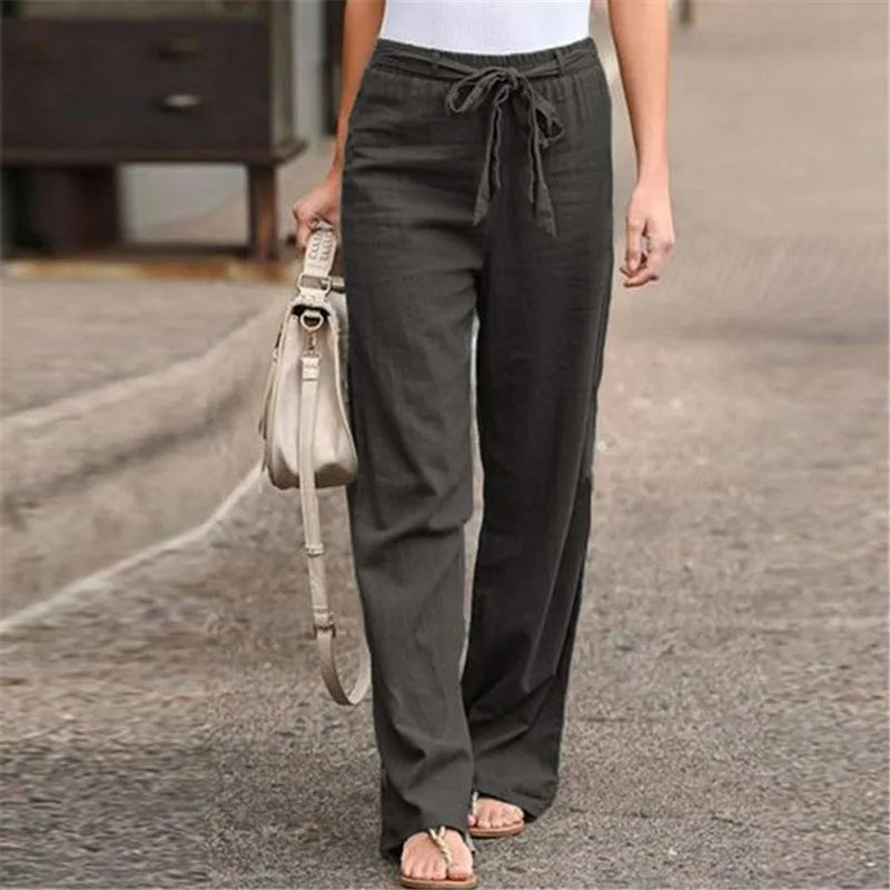 Linen Cotton Elastic Waist Ankle Length Pants for Women