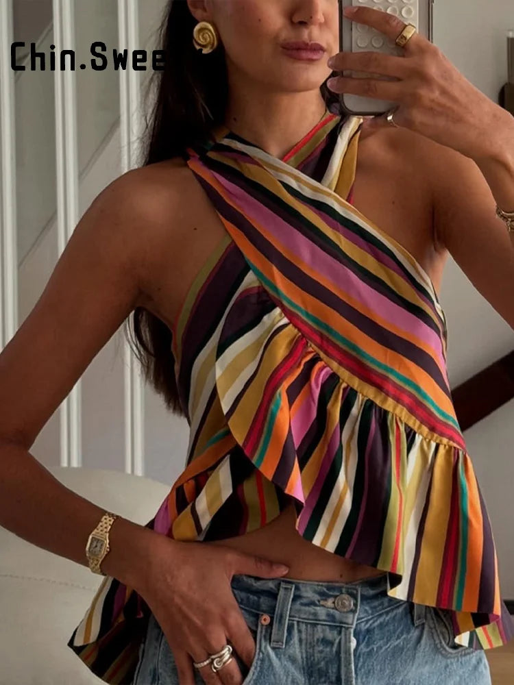 Rainbow Striped Halter Tank Top With Ruffle Trim For Women