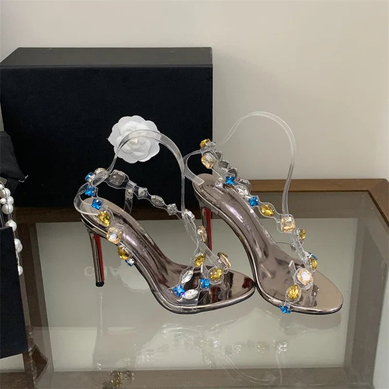 Multicolor Rhinestone Ankle Strap Stiletto Heels for Women