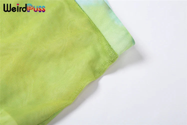 Weird Puss Mesh Tie Dye Straight Pants Women Sexy Summer Trend See Through Thin Skinny Streetwear Wild Elastic Activity Bottoms