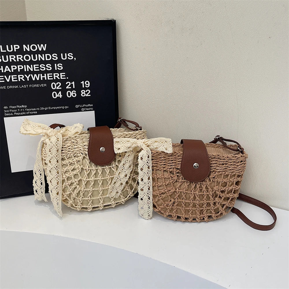 Straw Knitted Shoulder Bag With Bowknot Handmade for Women
