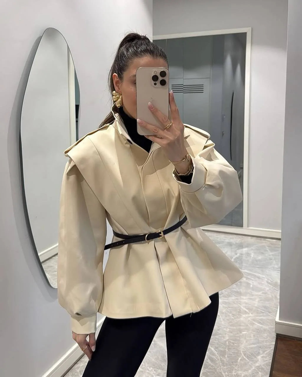 Elegant Short Trench Coat With Stand Collar for Women