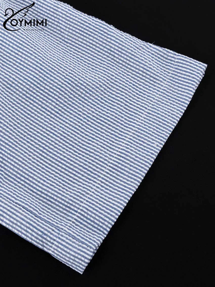 Oymimi Casual Dark Blue Print Women's Two Pieces Set Elegant Long Sleeve Button Shirt And Low Waist Straight Trousers Female Set