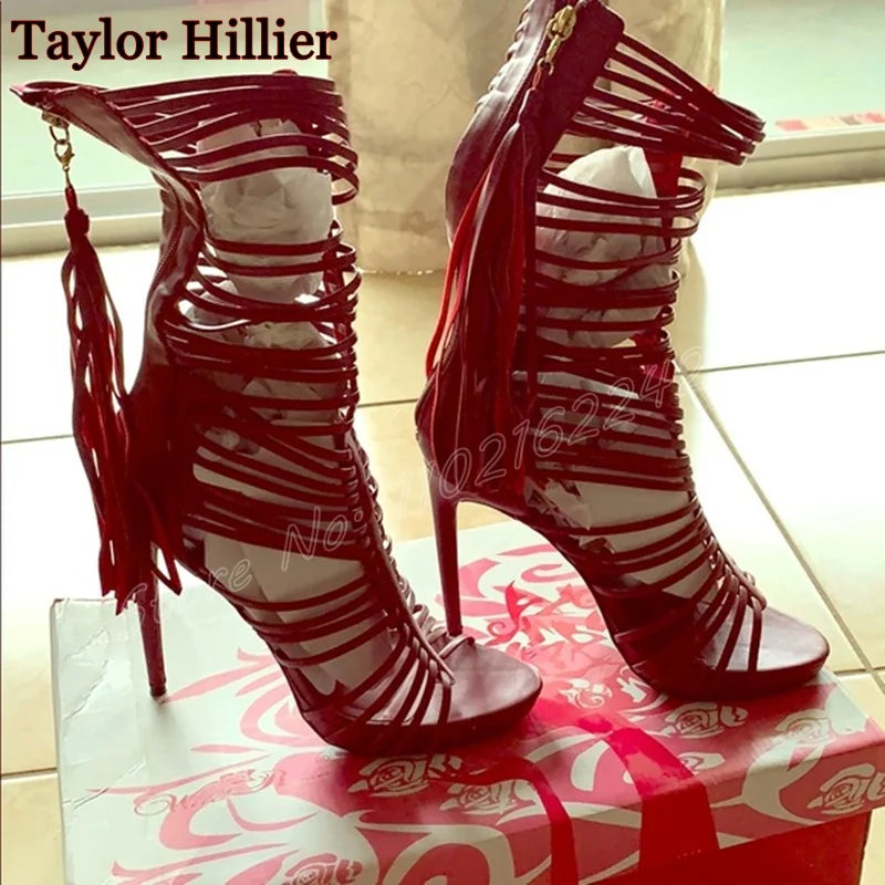 Hollow Tassel Open Toe Stiletto Mid-Calf Boots for Women