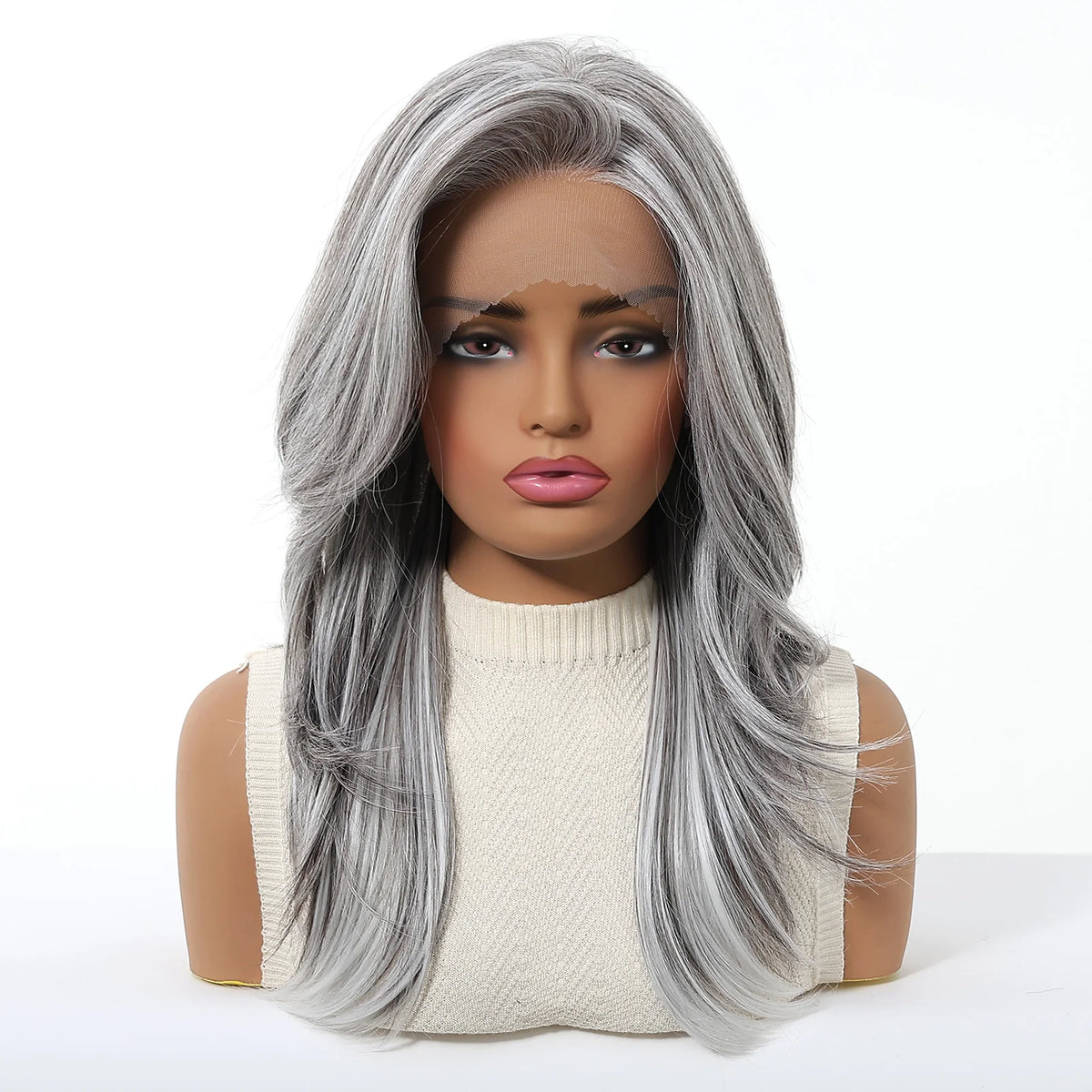 Long Silver Grey Lace Front Wig With Realistic Pre Plucked Hairline for Women