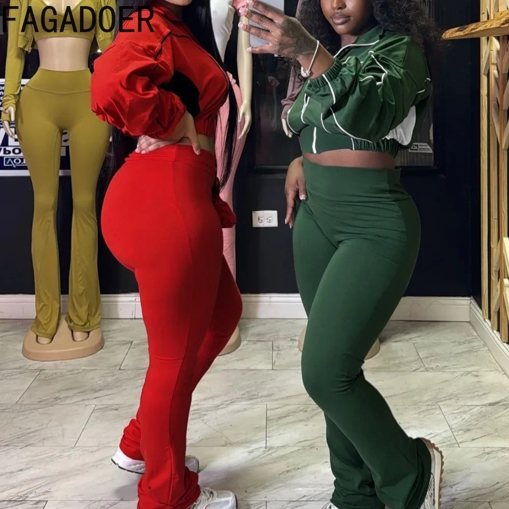FAGADOER Casual Stripe Patchwork 2 Pieces Set for Woman Zip Long Sleeves Ruched Crop Top + Flare Pants Tracksuit Female Jogger