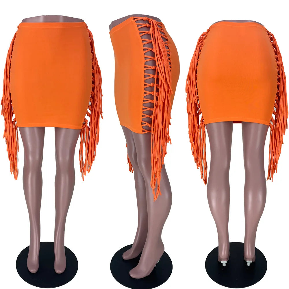FAGADOER Sexy Tassel Bodycon Mini Skirts Party Club Outfits Women Fashion Chic Streetwear Short Birthday Holidays Skirt Solid