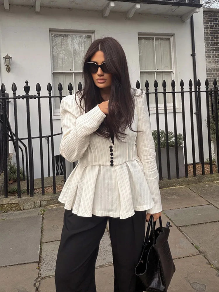 Casual Striped V Neck Ruffle Two Piece Set for Women