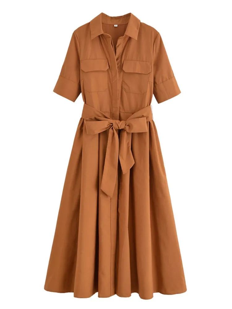 Lapel Casual Pockets Short Sleeve Shirt Dress for Women