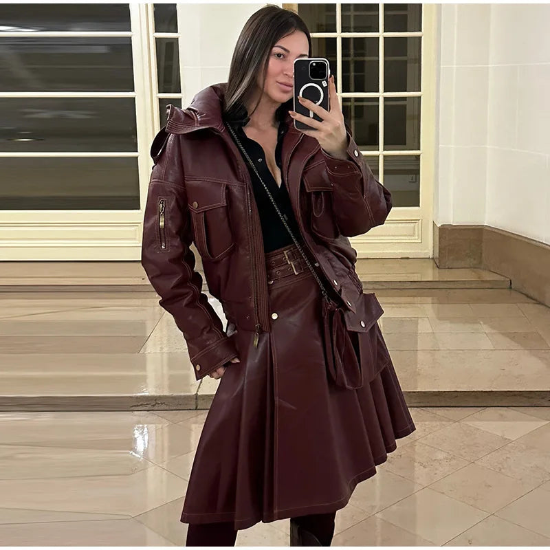 Fur Collar Women 's Leather Jackets Vintage Hooded Zipper Pockets Full Sleeve Jackets Lady 2025 New Woman Winter Coats Outwears
