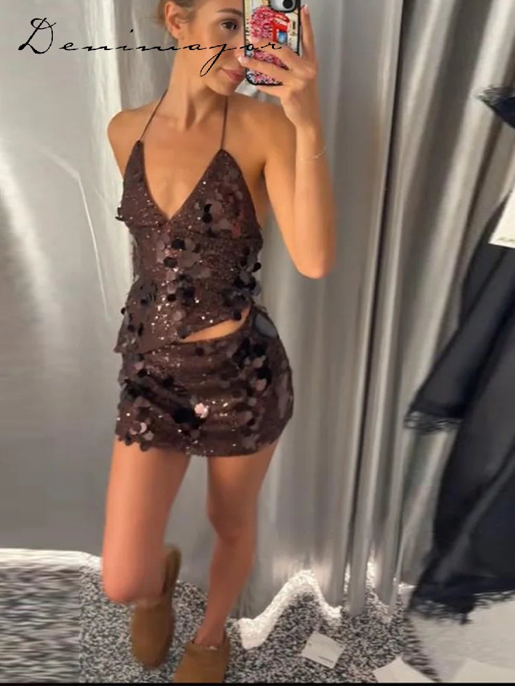 Sequin Halter Two Piece Top and Mini Skirt Set for Women