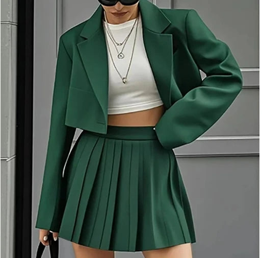 Cropped Blazer And Pleated Mini Skirt Set for Women