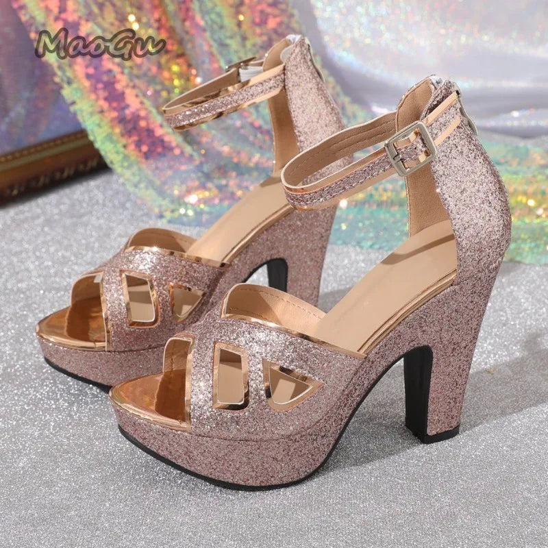 Glitter Pink Peep Toe Sandals With Ankle Strap for Women