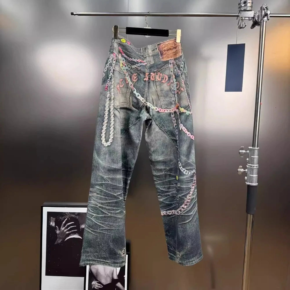 VGH Spliced Colorful Beading Chain Jeans for Women High Waist Patchwork Distressed American Retro Spring Trousers Female Style