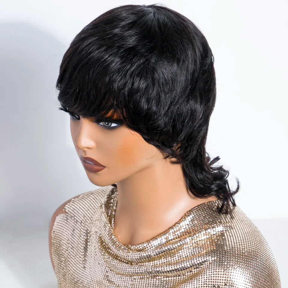 Short Mullet Pixie Cut Remy Human Hair Bob Wig for Women
