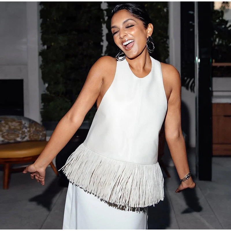 Faux Leather Patchwork Fringe Halter Top for Women