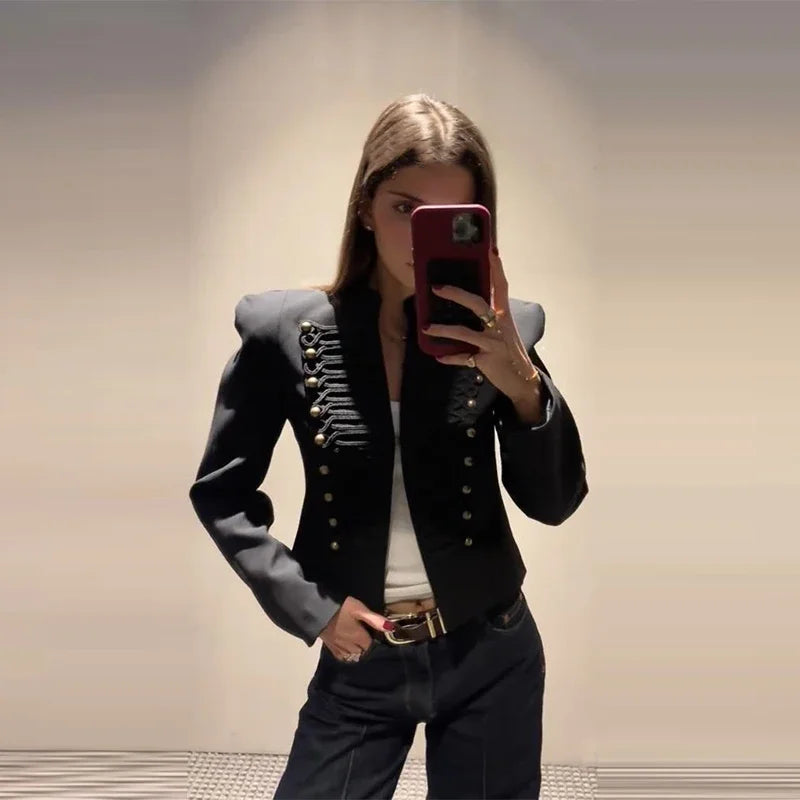 Chic Shoulder Padded Stand Collar Full Sleeve Blazer for Women