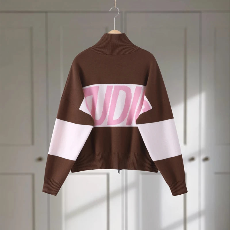 Letter Women 's Sweater Stand Collar Y2k Knit Sweaters For Woman Zipper Full Sleeve Tops Female 2025 Winter Men Jacket Knitwear