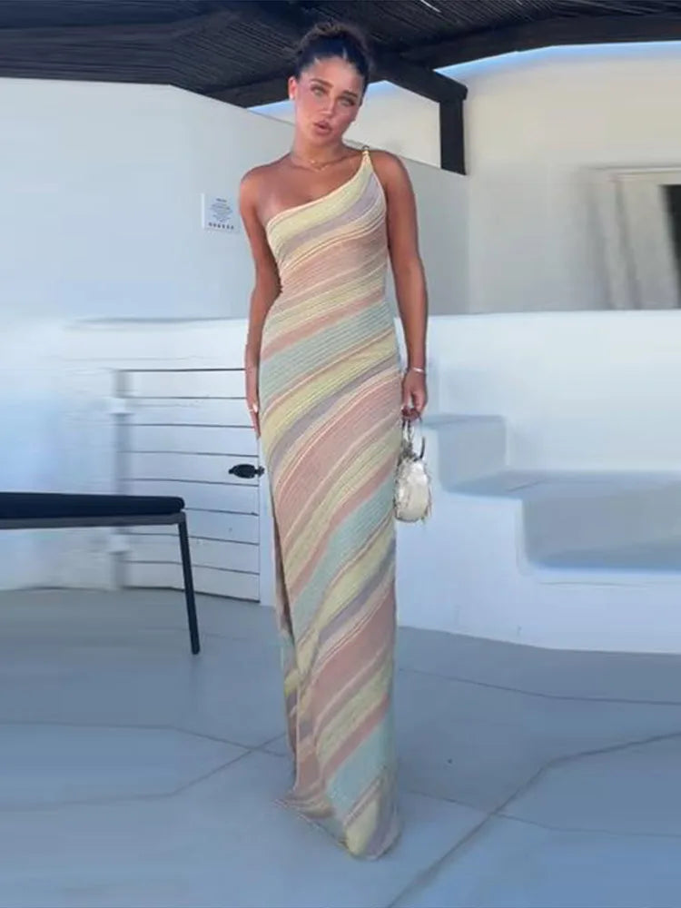 Elegant One Shoulder Printed Mid-Calf Dress for Women