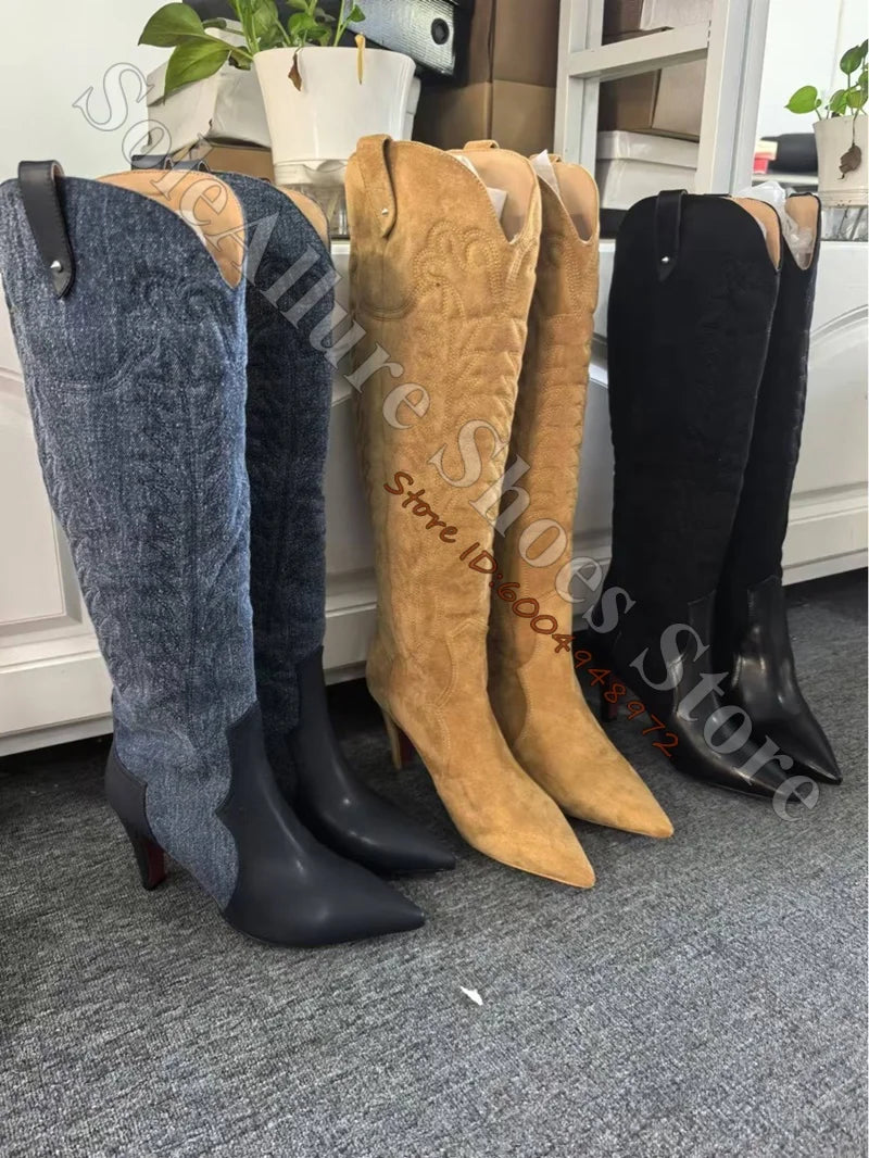 Black Embroidered Western Knee High Boots for Women