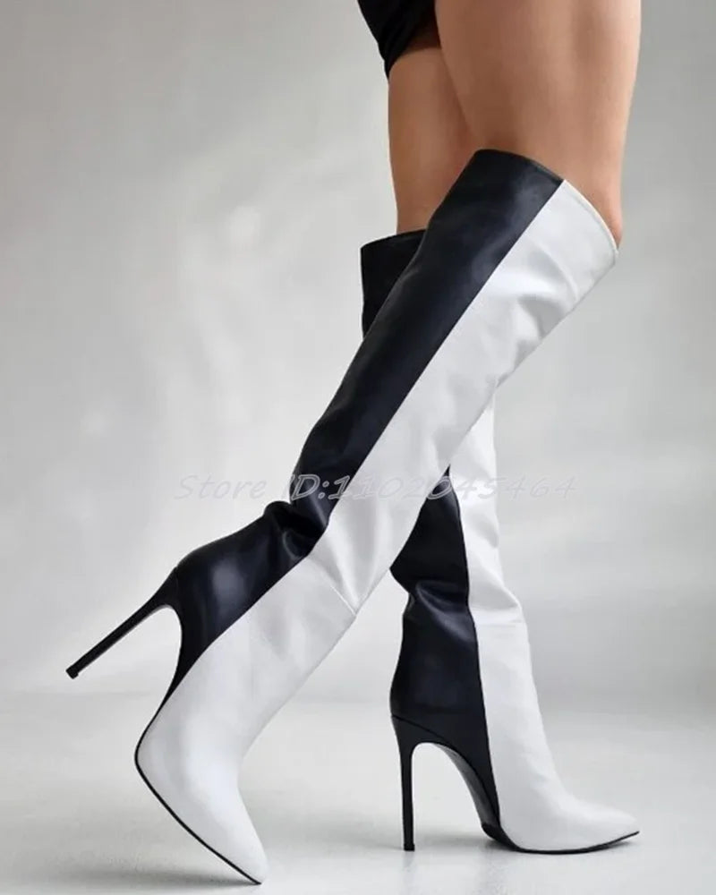 Black And White Leather Pointed Toe Knee High Boots For Women
