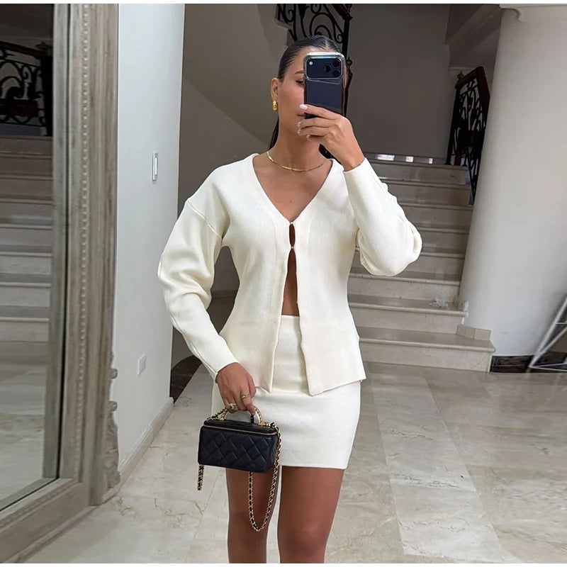 Elegant Knit Two Piece Set With Front Cutout and V Neck For Women