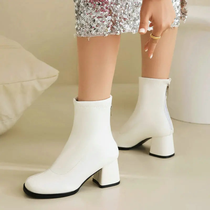 Elegant Warm Block Heel Zip-Up Ankle Boots for Women